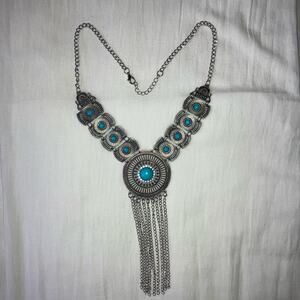 Turquoise silver pendant statement fringe necklace